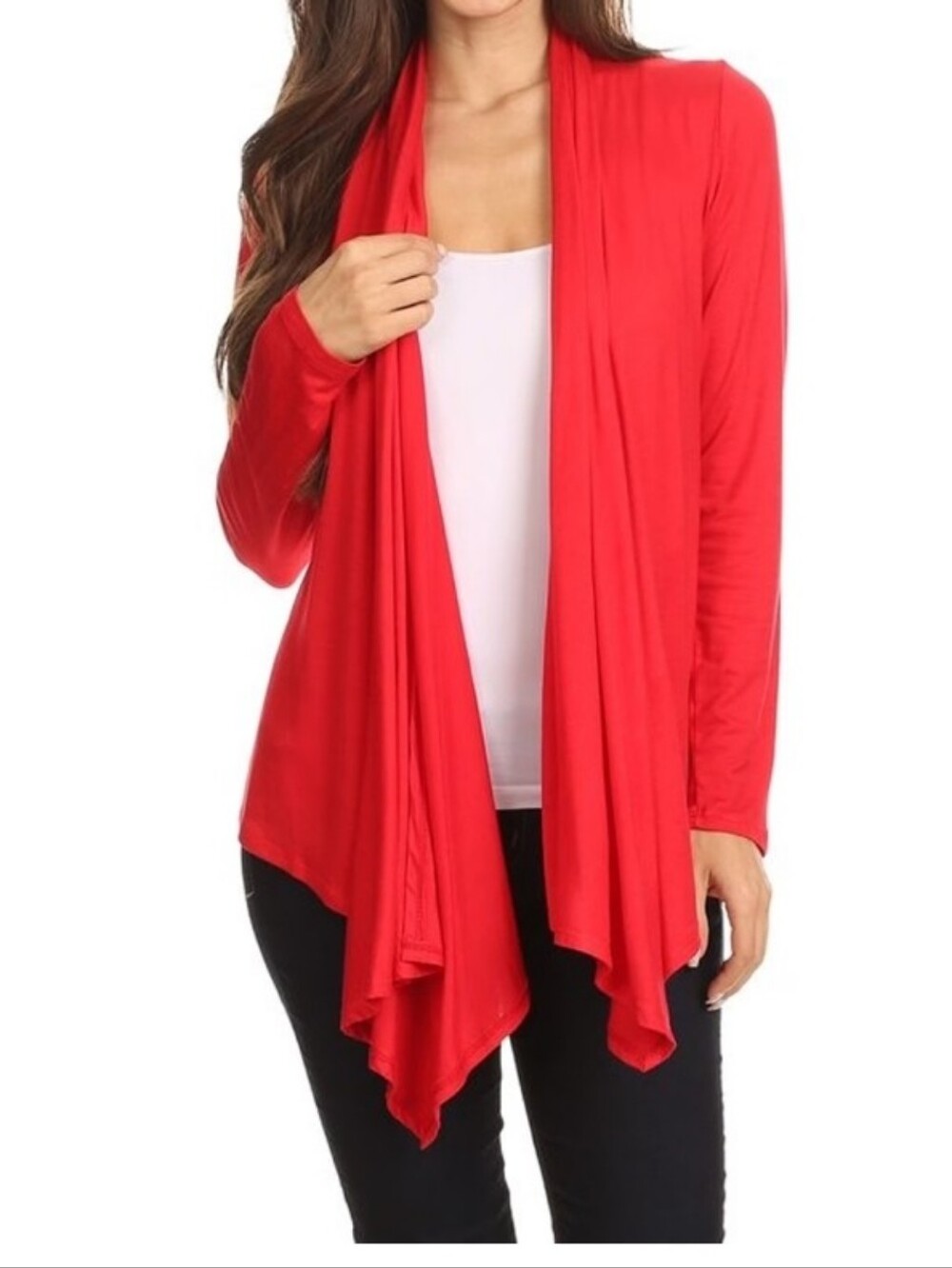 Jostar Womens Red Slinky Knit Open Front Waterfall Cardigan Made in USA Sz M
